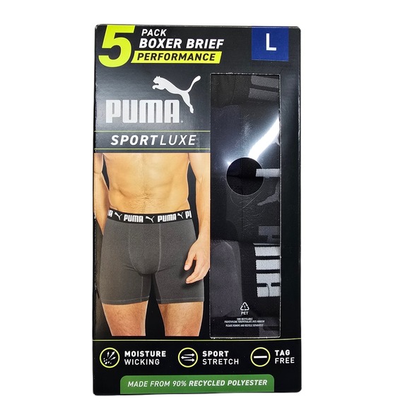 Puma SportLuxe Boxer Briefs 5-Pack Mens Large Performance Wicking‎ Stretch NEW - Picture 1 of 4